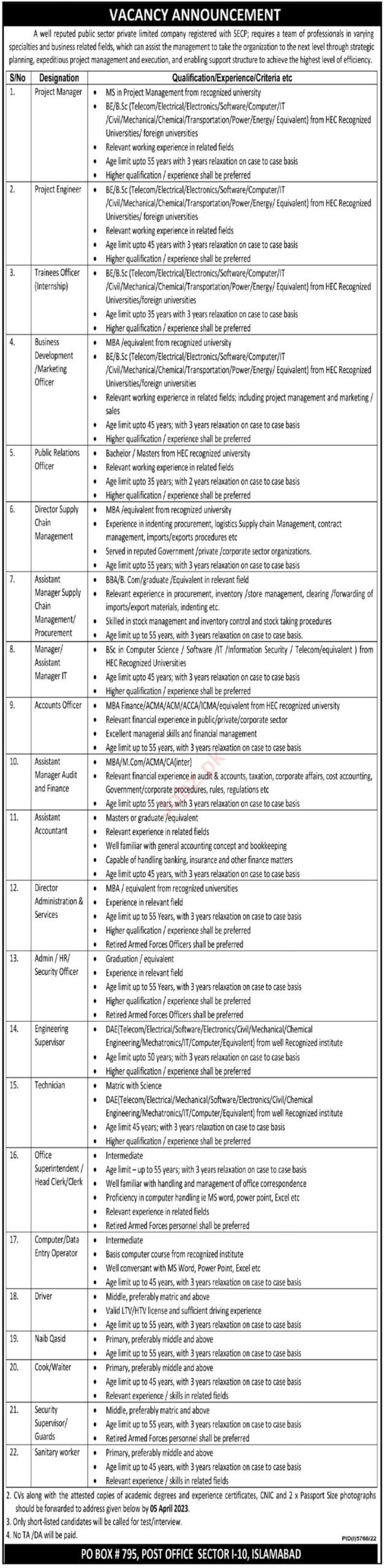 Public Sector Organization PO BOX 795 Islamabad jobs 2023