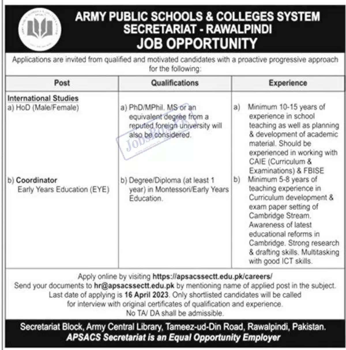 Army Public Schools and Colleges System Secretariat Rawalpindi Jobs 2023