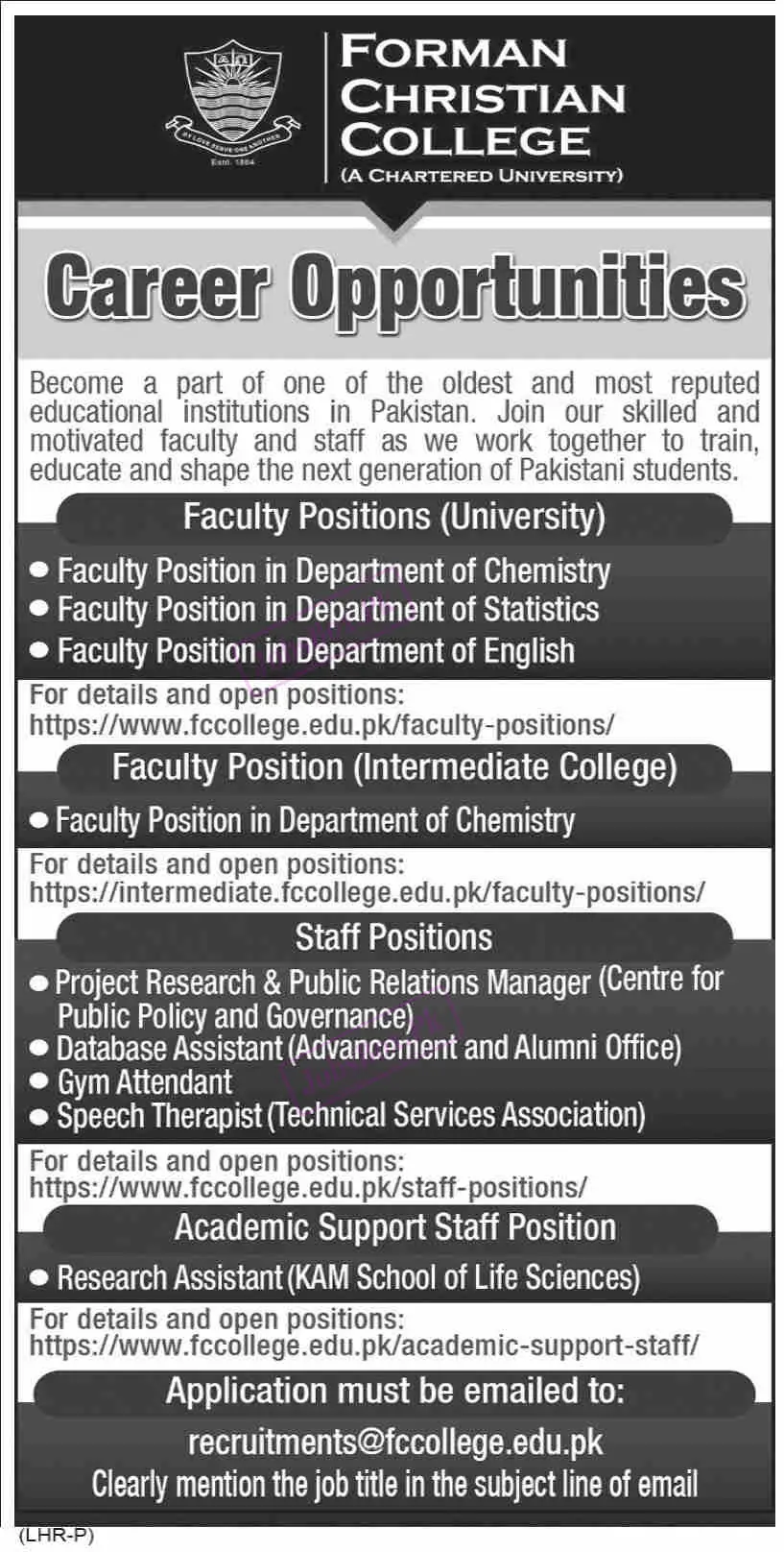 Forman Christian College Lahore Jobs 2023 – www.fcccollege.edu.pk