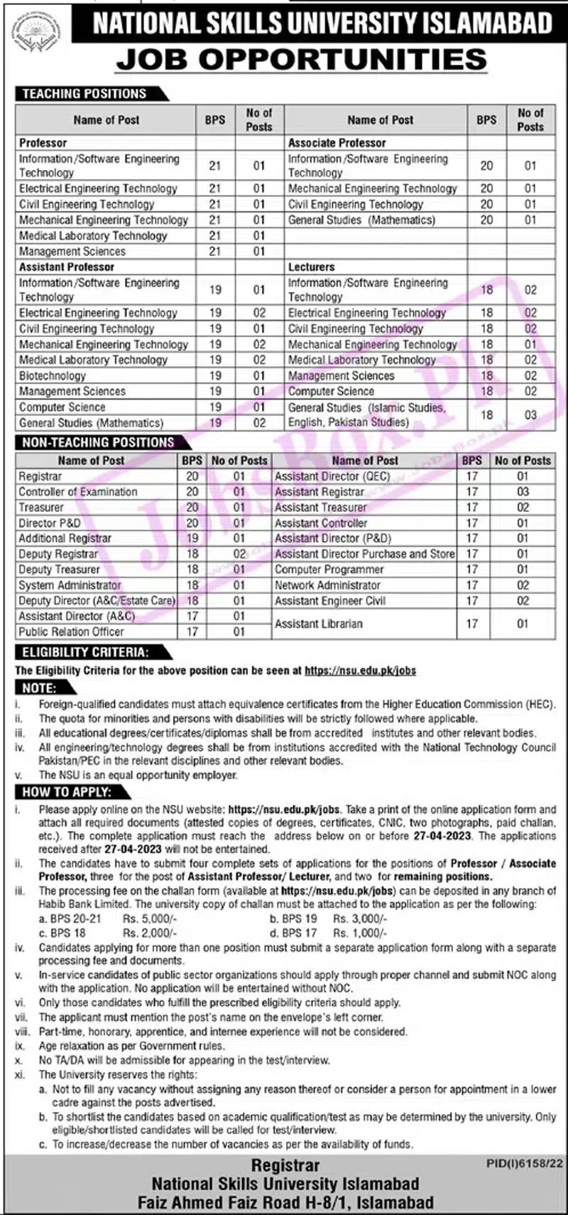 National Skills University NSU Islamabad Jobs 2023 – www.nsu.edu.pk