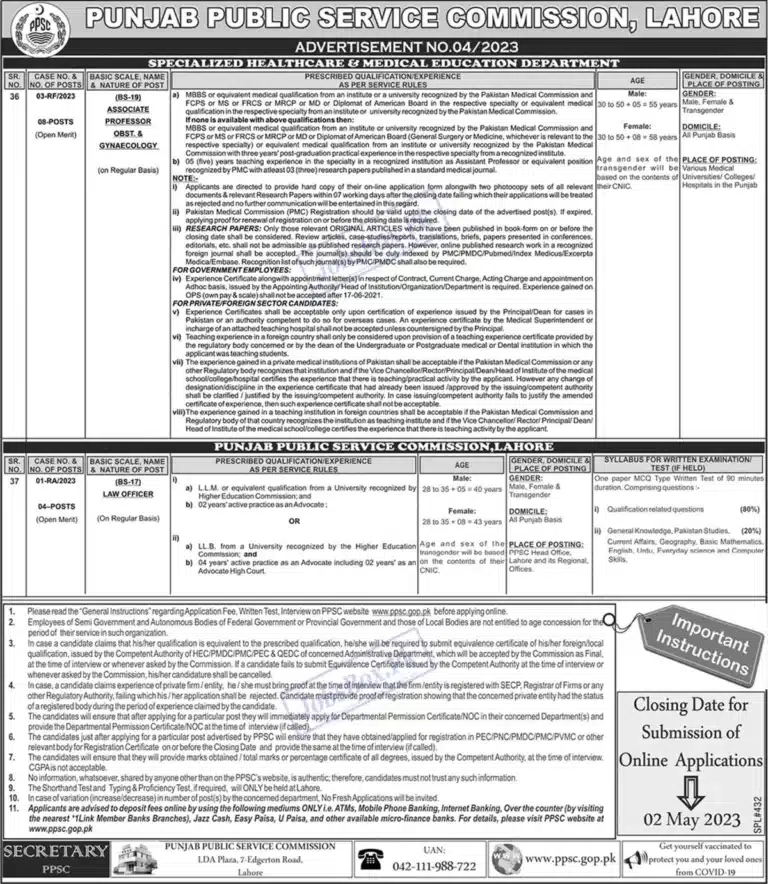 PPSC Jobs 2023 Employment Form – PPSC Advertisement No.04