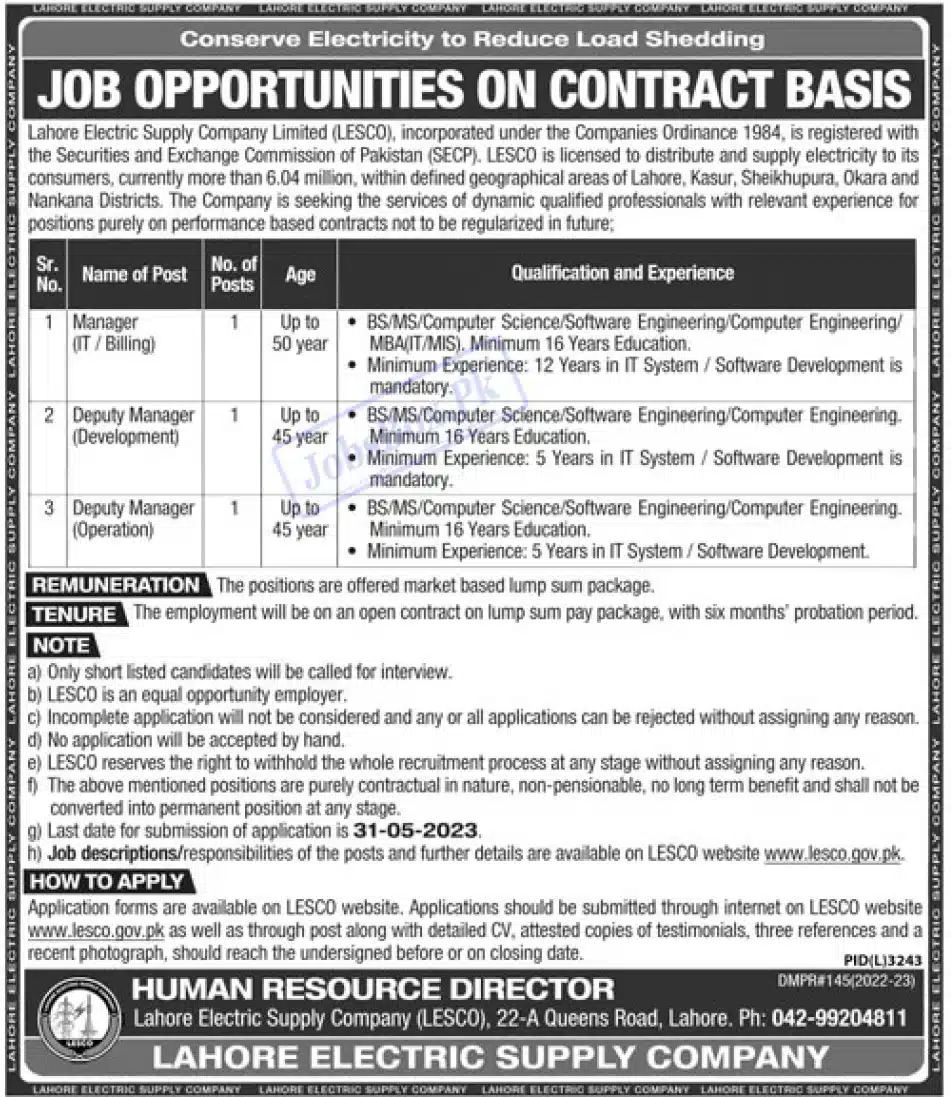 Lahore Electric Supply Company LESCO Jobs 2023 