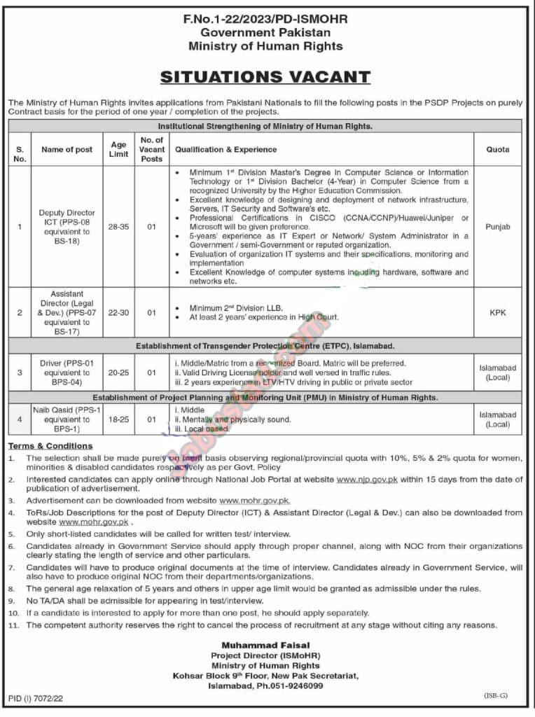 Ministry of Human Rights MOHR Jobs 2023 – Online Form
