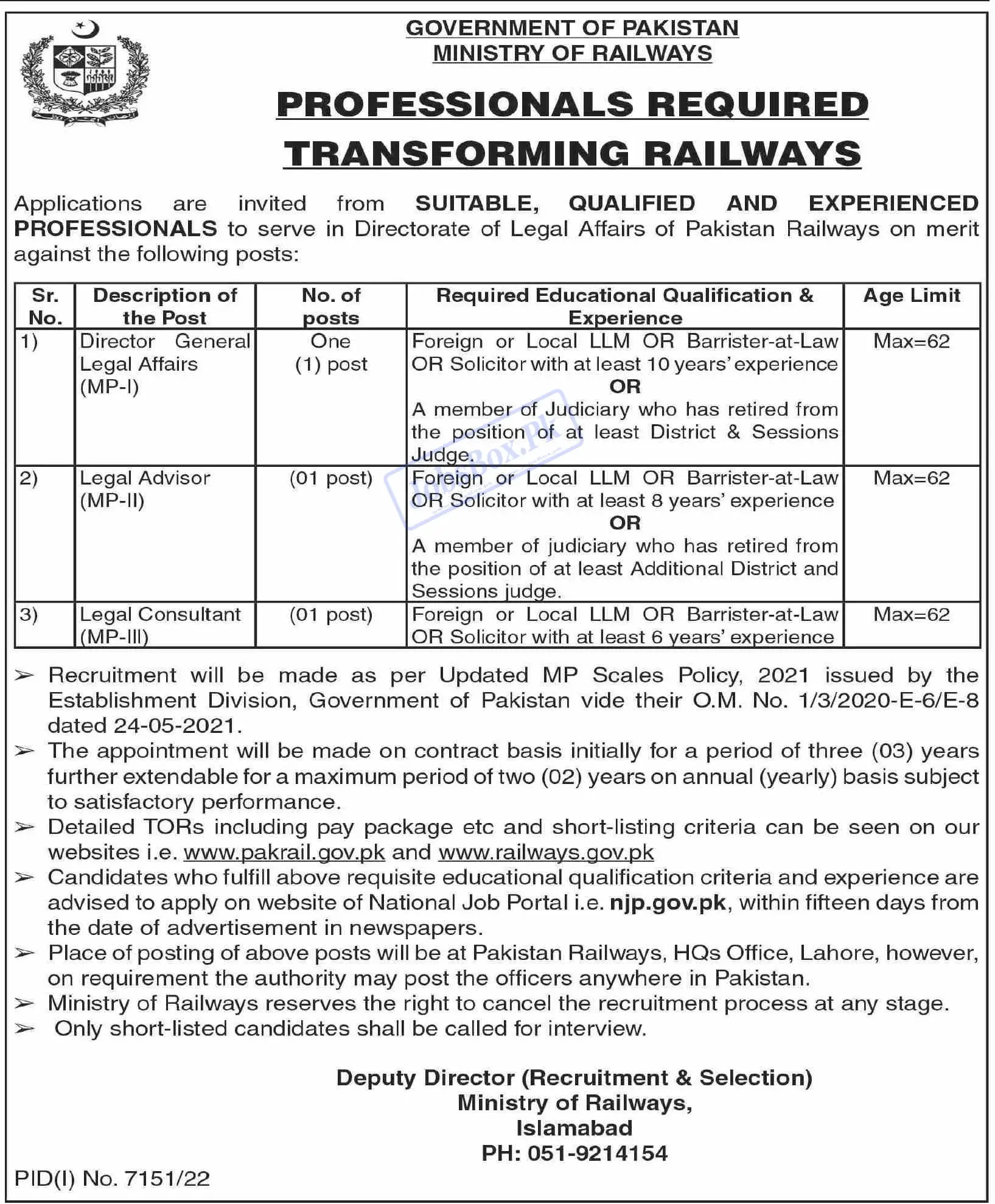 Ministry of Railways Government of Pakistan Jobs 2023