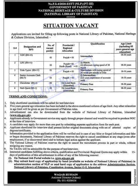 National Library of Pakistan NLP Jobs 2023