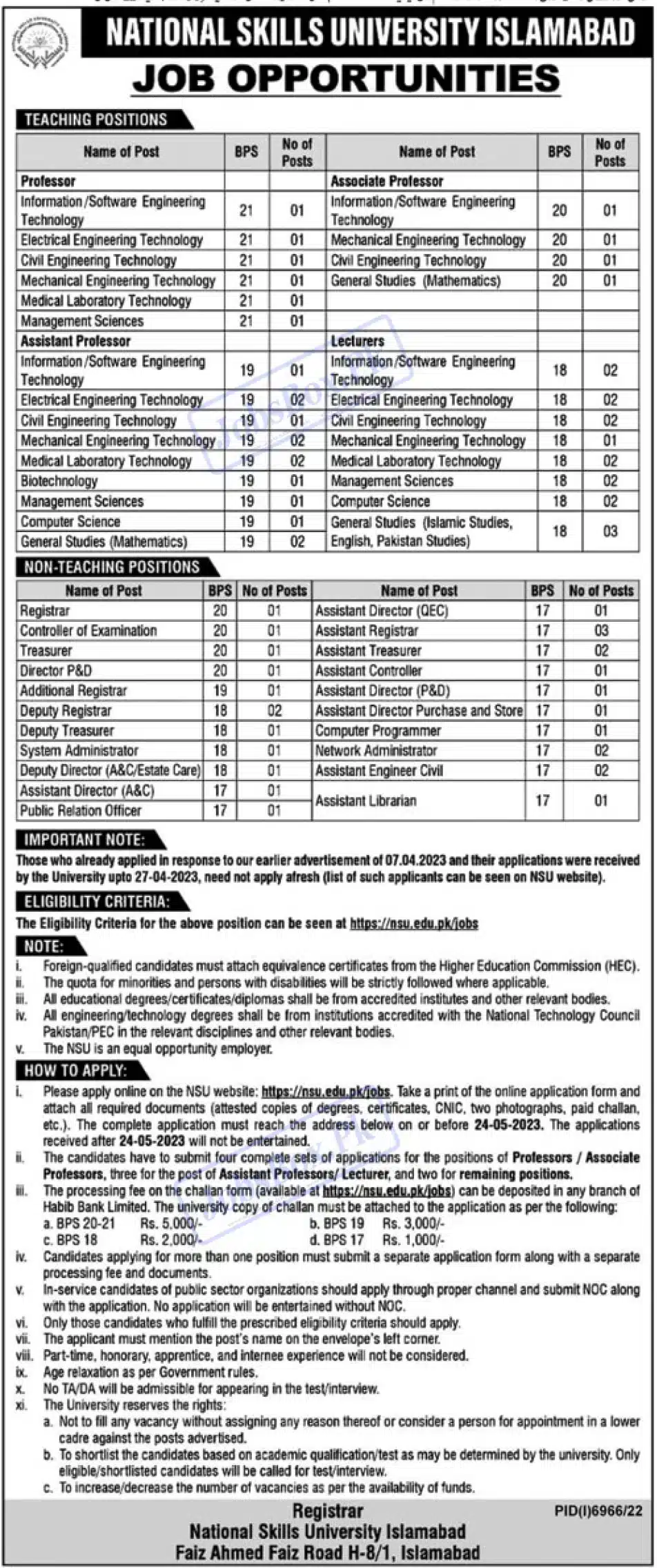 National Skills University NSU Islamabad jobs 2023