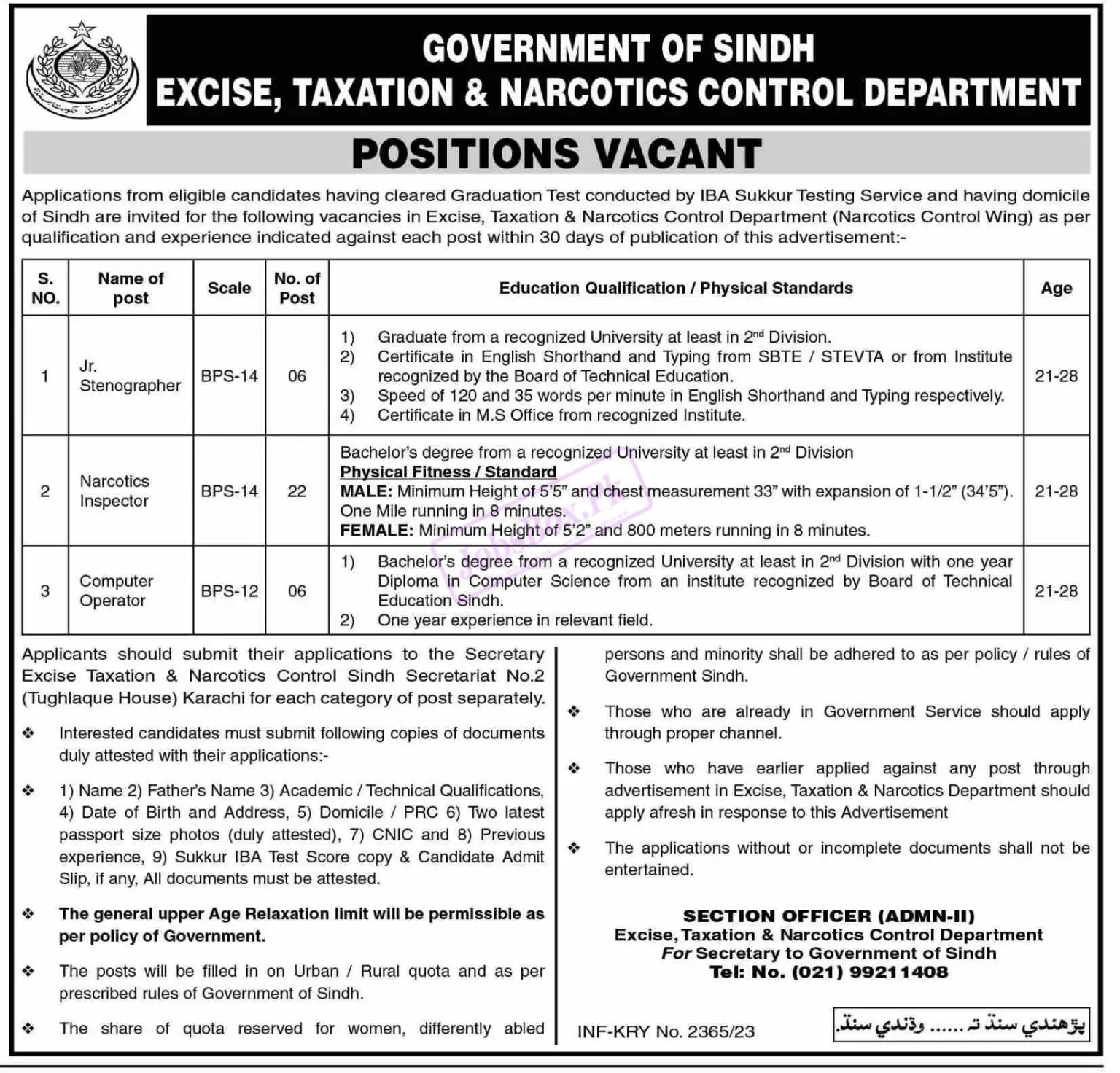 Excise and Taxation Department Sindh Jobs 2023 
