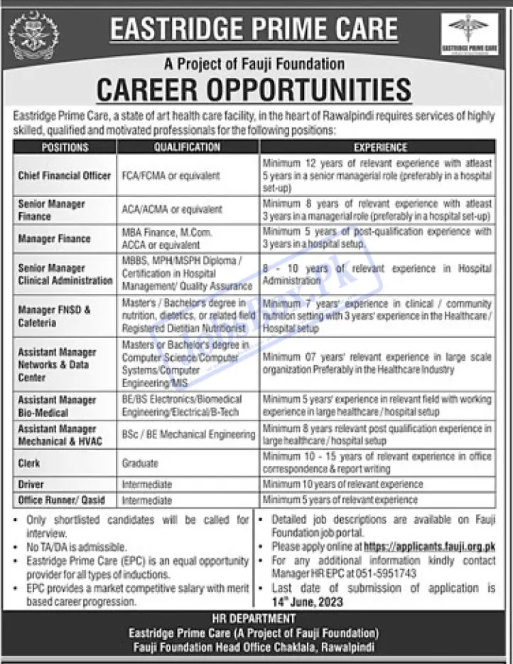 Fauji Foundation Eastridge Prime Care Rawalpindi Jobs 2023