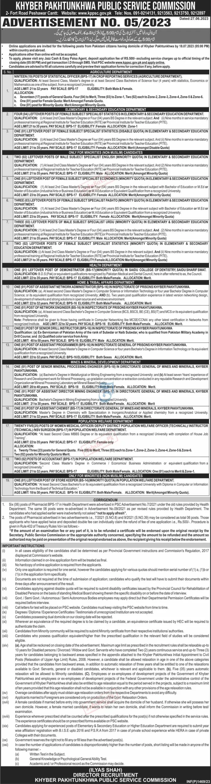 KPPSC Jobs Advertisement No.5/ 2023 – Online Apply at www.kppsc.gov.pk