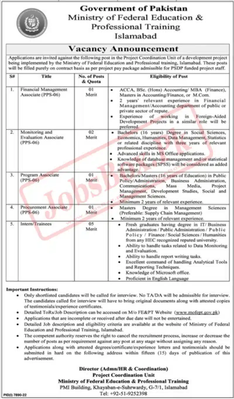 MOFEPT Jobs 2023 Ministry of Federal Education Jobs 2023 – Submit Online Form