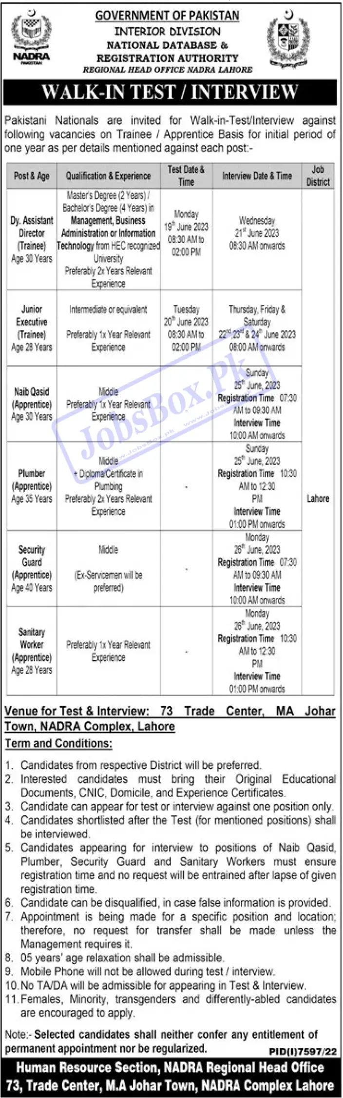 NADRA Head Office Lahore Jobs 2023
