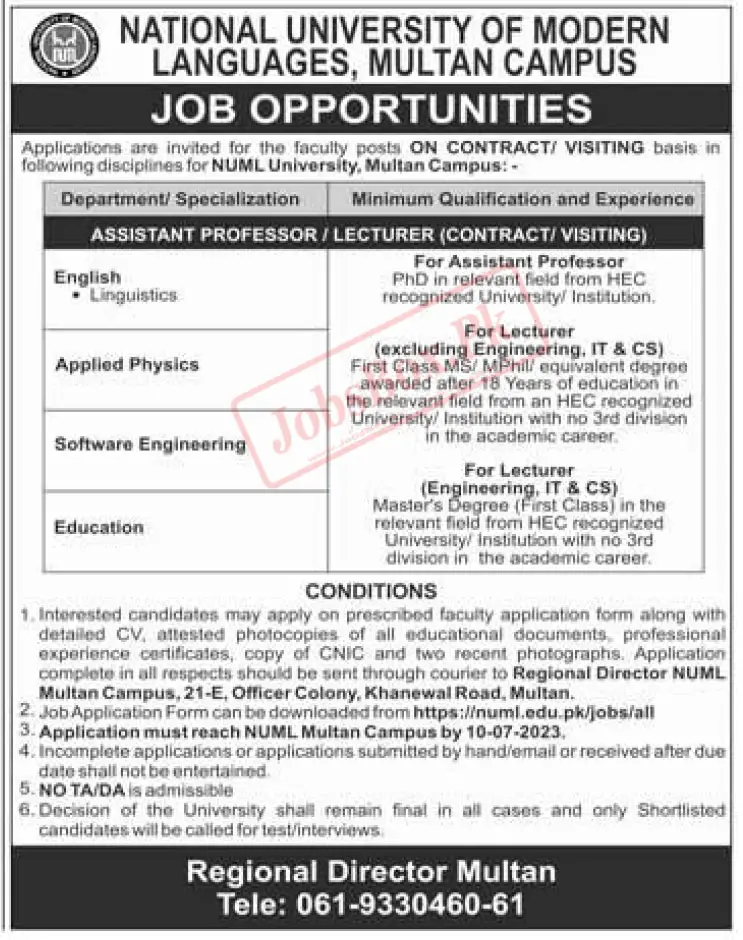 NUML Multan Campus Jobs 2023 – NUML Multan Recruitment 2023