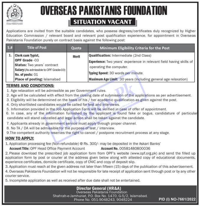 Overseas Pakistanis Foundation OPF Jobs 2023