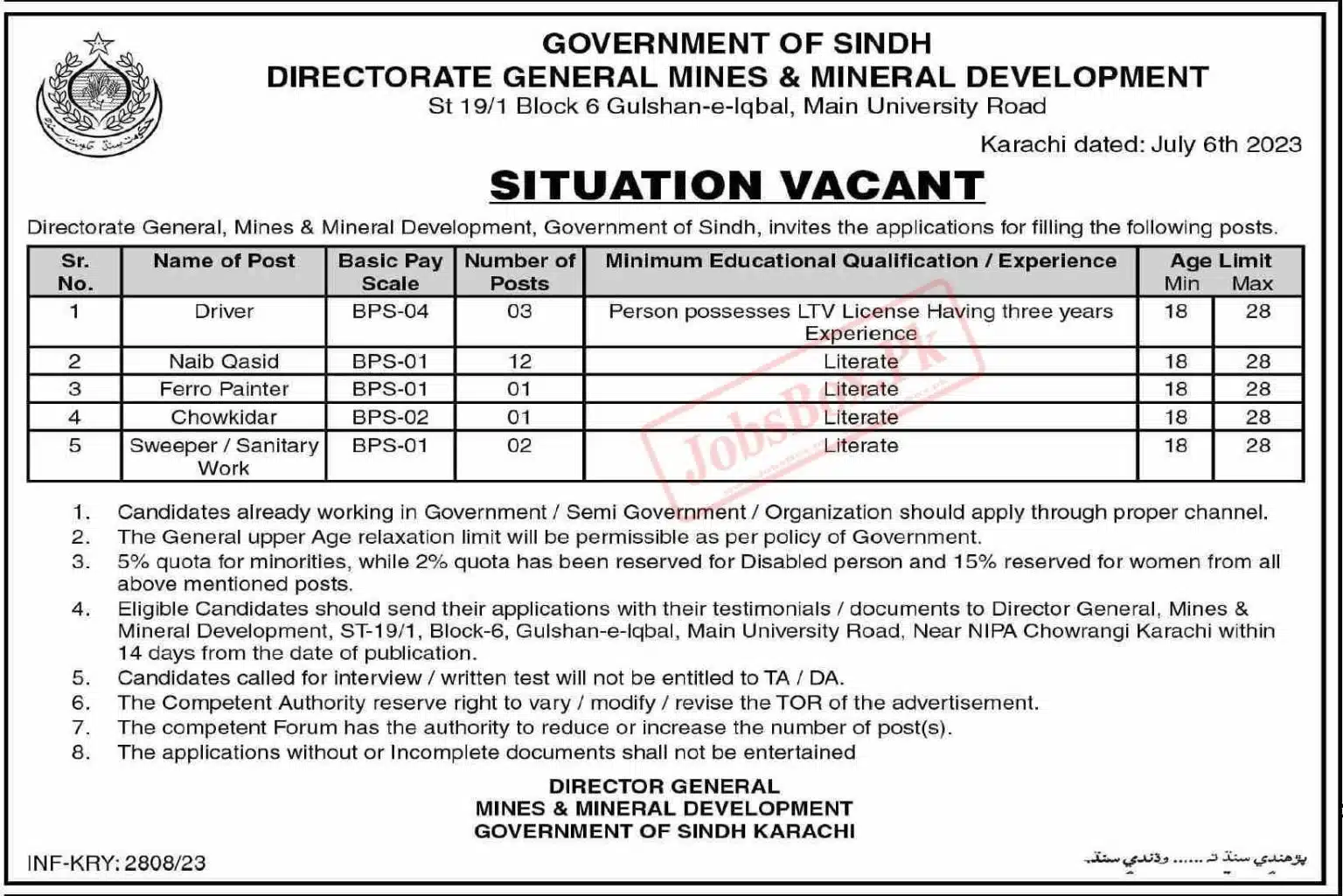 Latest Mines and Minerals Department Sindh Jobs 2023