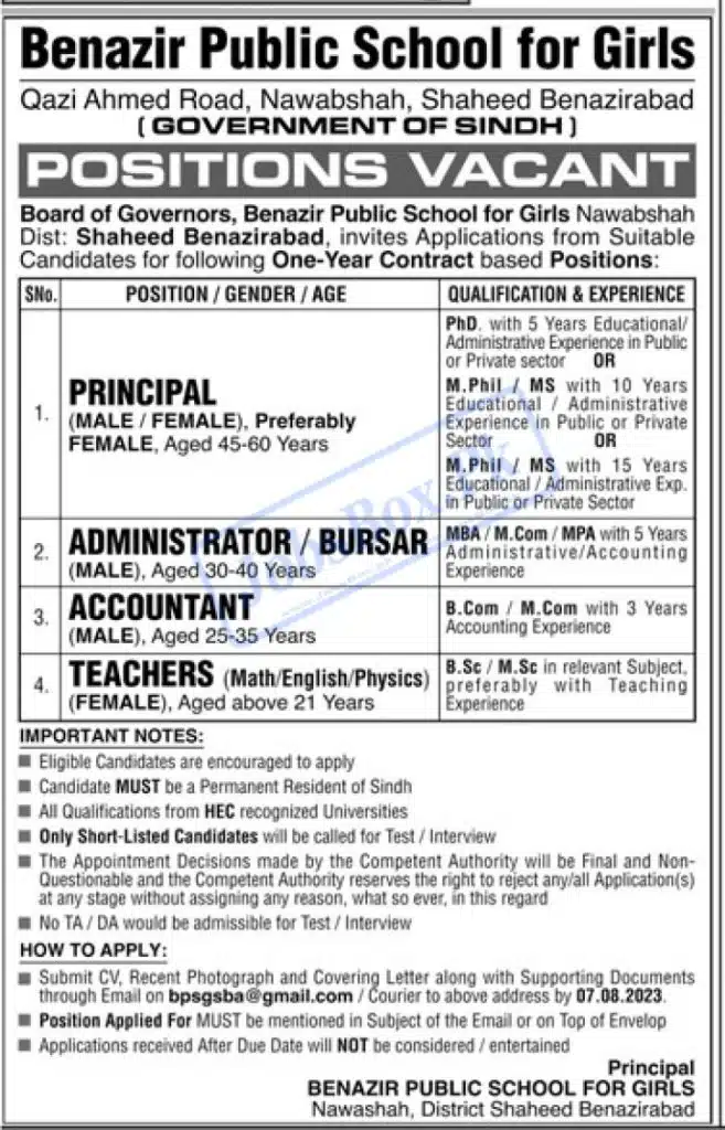 Benazir Public School Shaheed Banazirabad Jobs 2023