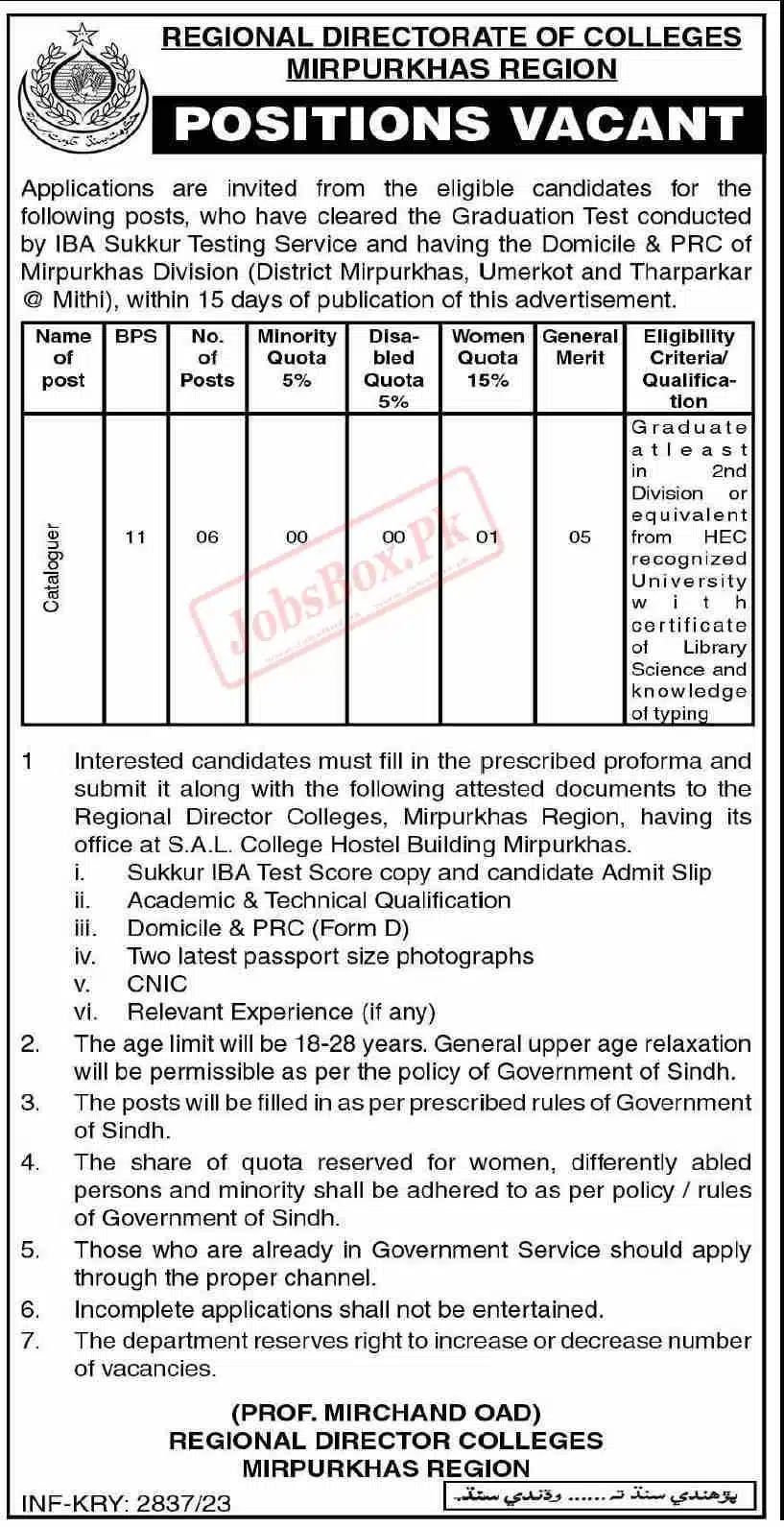 College Education Department Sindh Jobs 2023 