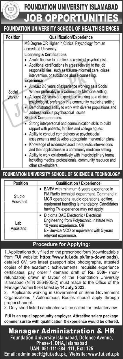 Foundation University Islamabad FUI Jobs 2023 – www.fui.edu.pk