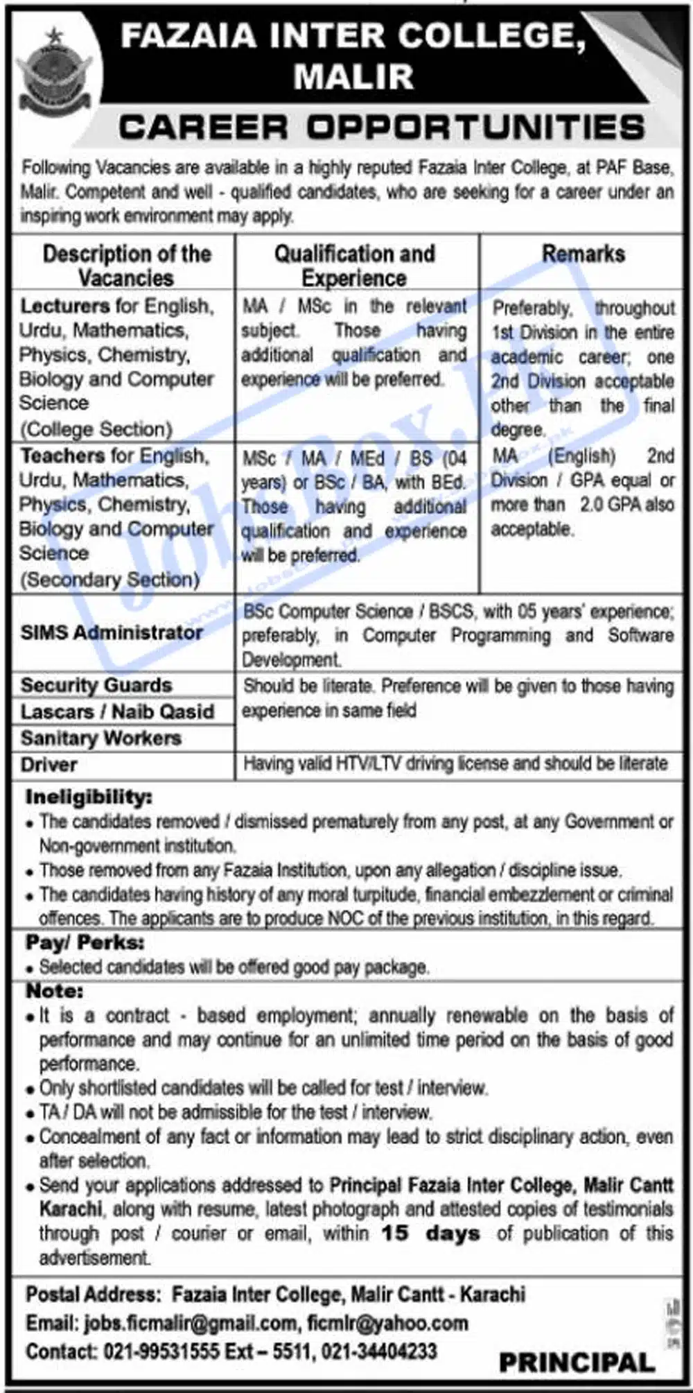 Fazaia Inter College FIC Malir Cantt Karachi Jobs July 2023