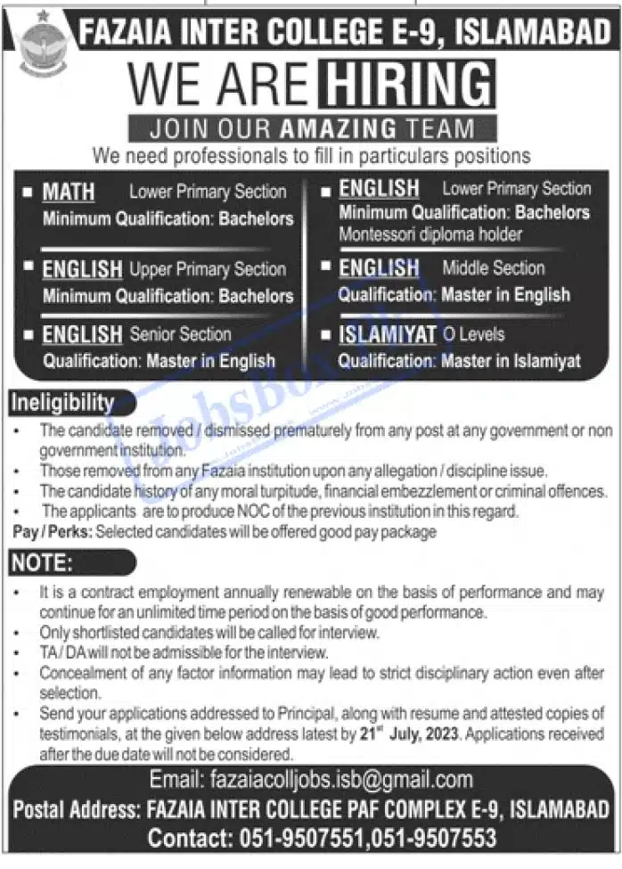 Fazaia Inter College Islamabad Jobs 2023 | FIC PAF Complex E-9 Islamabad jobs