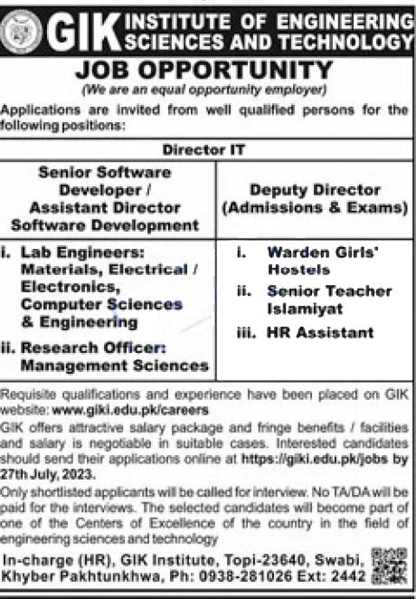 GIK Institute of Engineering Science and Technology Jobs 2023