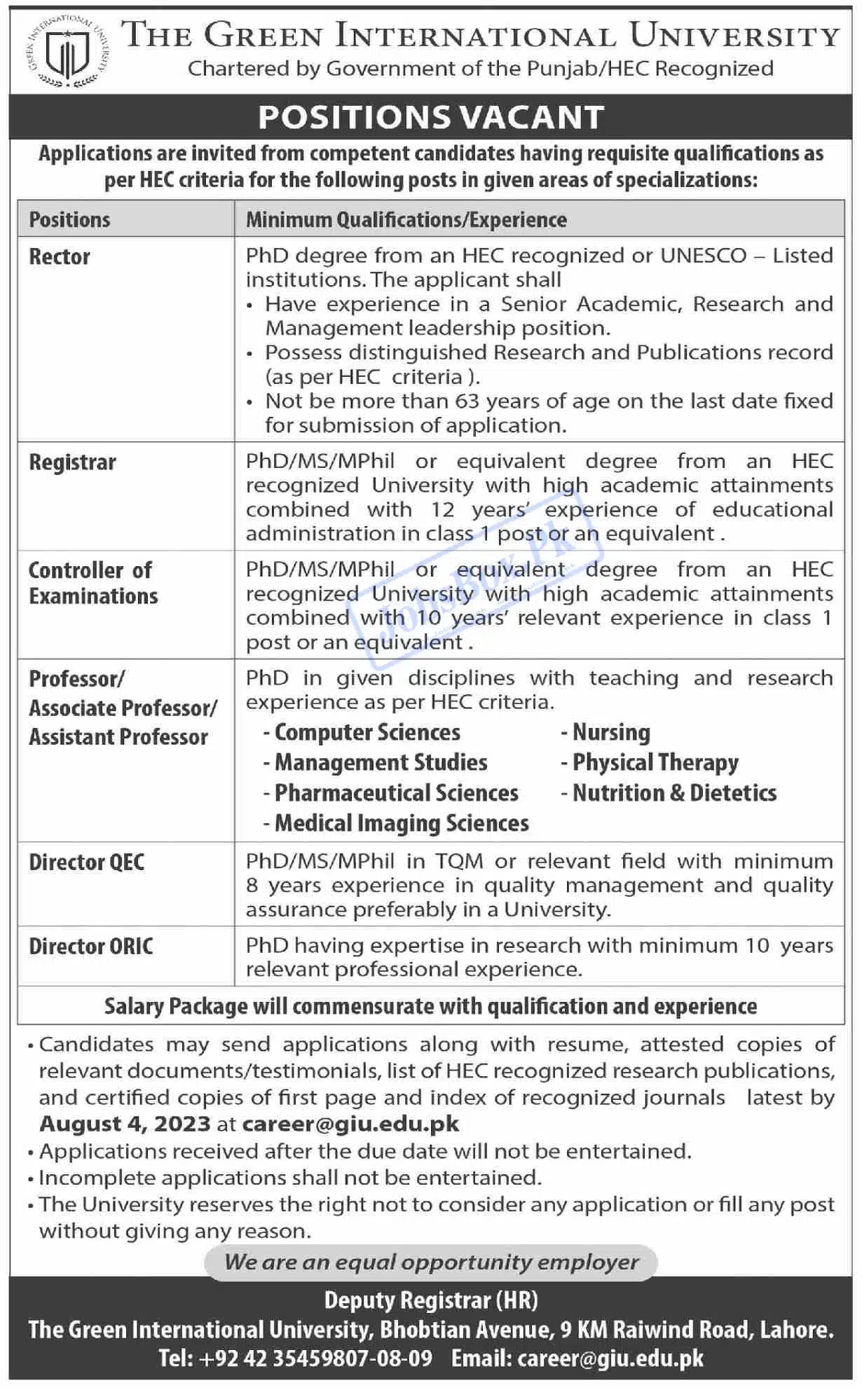 Green International University GIU Lahore Jobs 2023 | www.giu.edu.pk