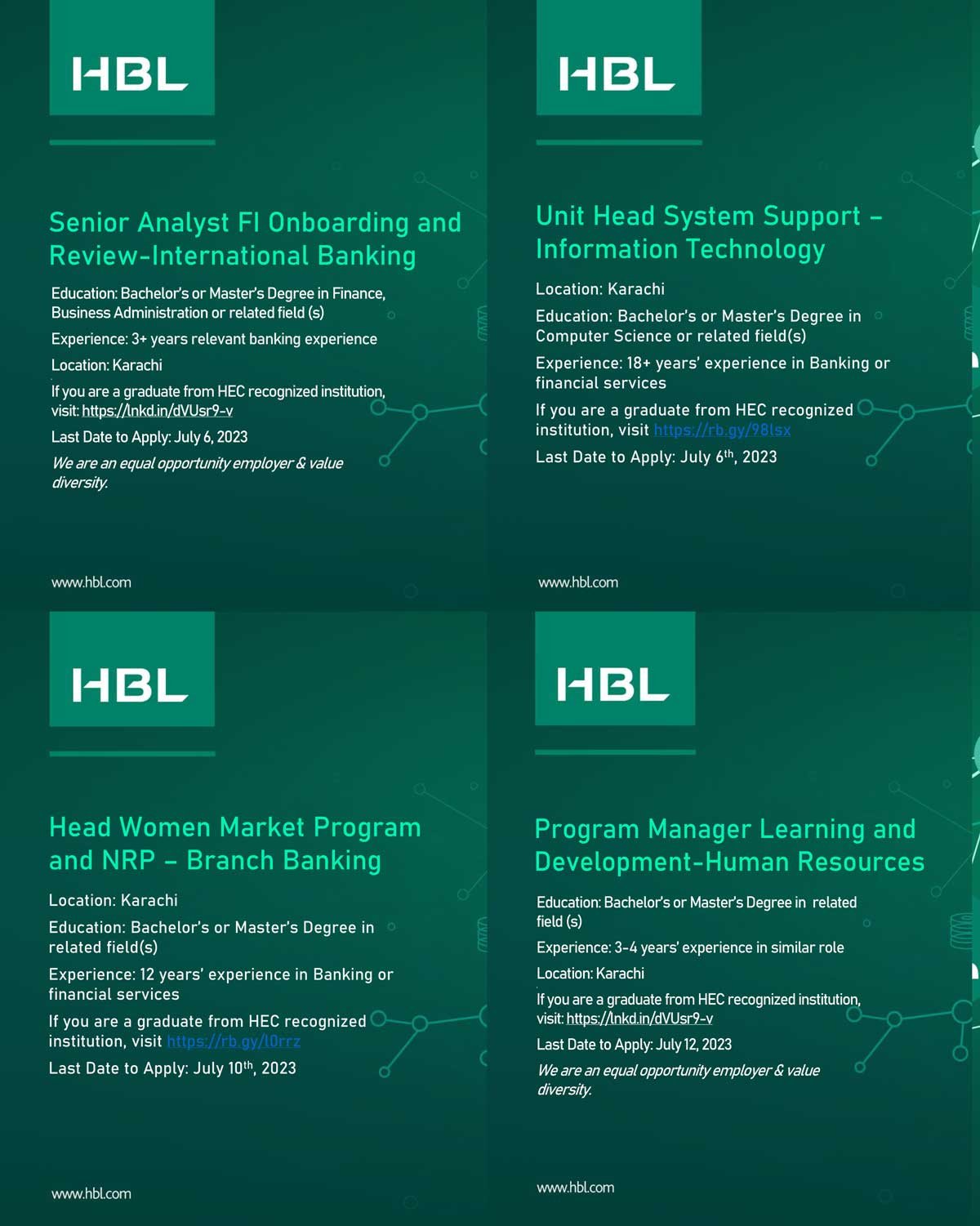HBL Bank Jobs 2023 for male and female – Online Apply at www.hbl.com.pk