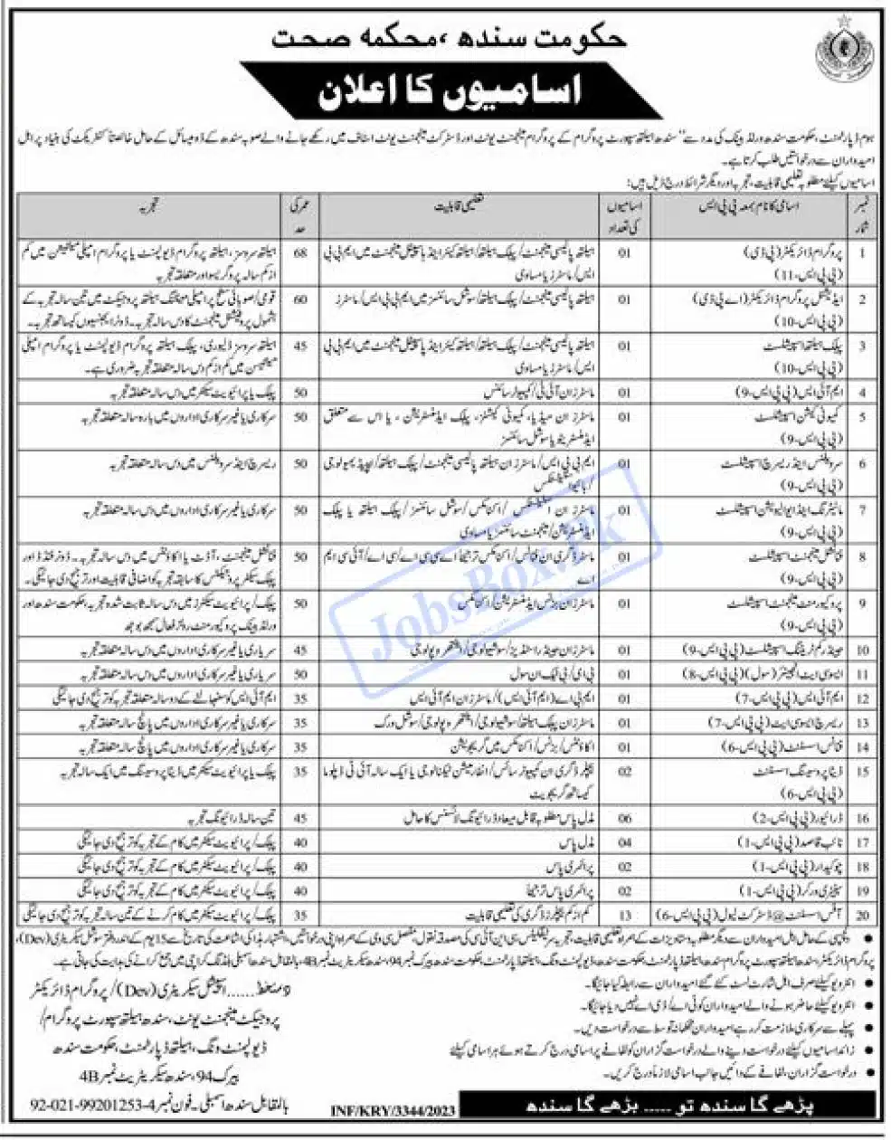 Health Department Sindh Jobs 2023 Apply Form