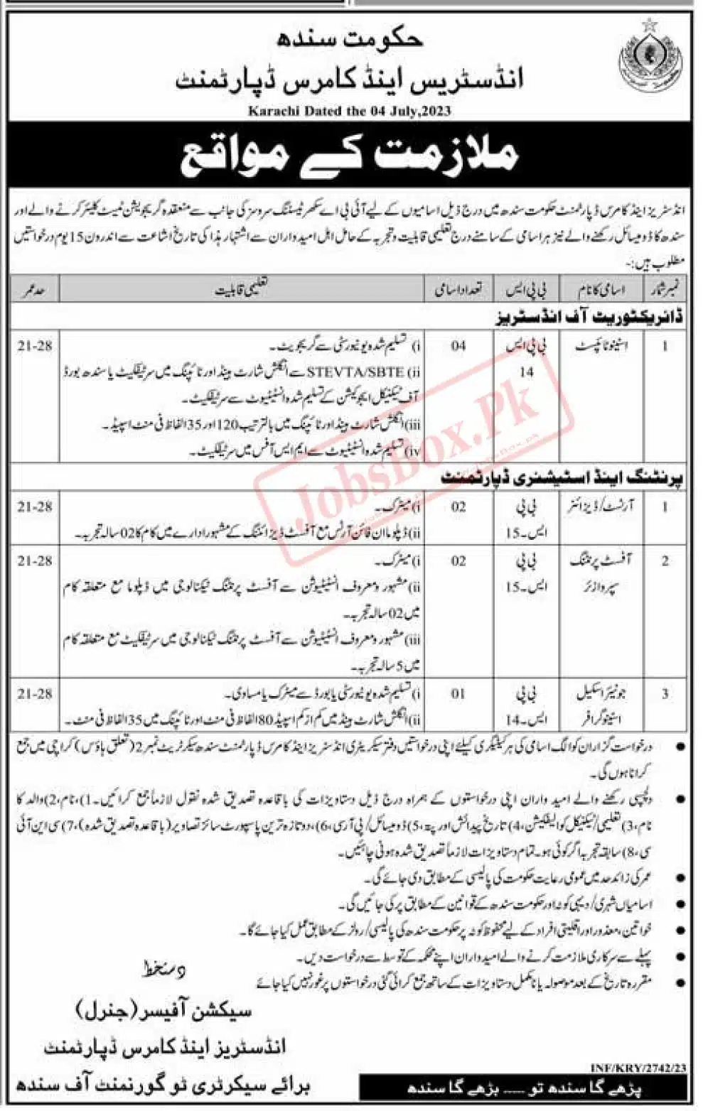 Industries and Commerce Department Sindh Jobs 2023