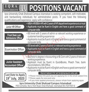  Iqra University IU Islamabad Jobs 2023
