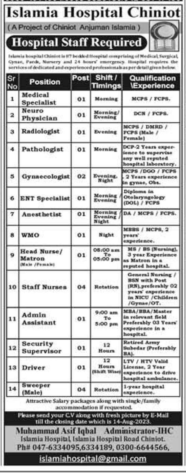 Islamia Hospital Chiniot Jobs 2023 – Submit Online Applications
