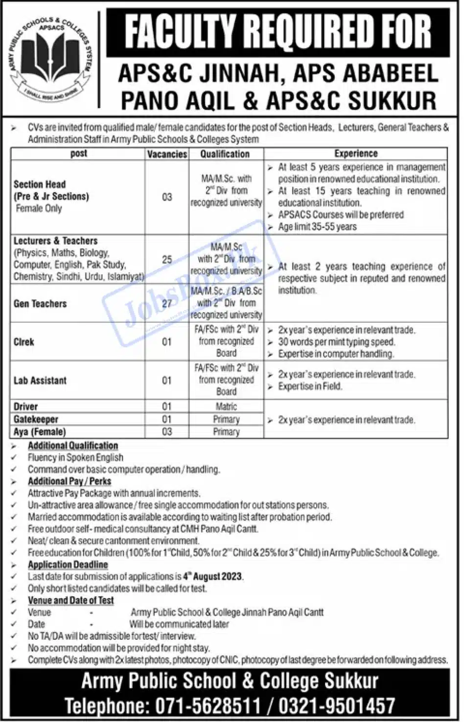 Jobs in Army Public School and College Sukkur July 2023