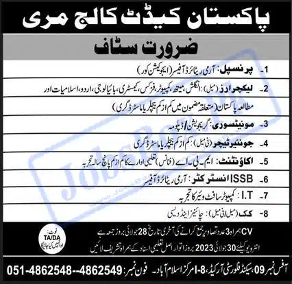 Jobs in Pakistan Cadet College Murree 2023 