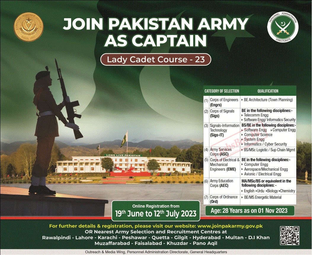 Join Pak Army as Captain Jobs 2023 – Join Lady Cadet Course LLC 23