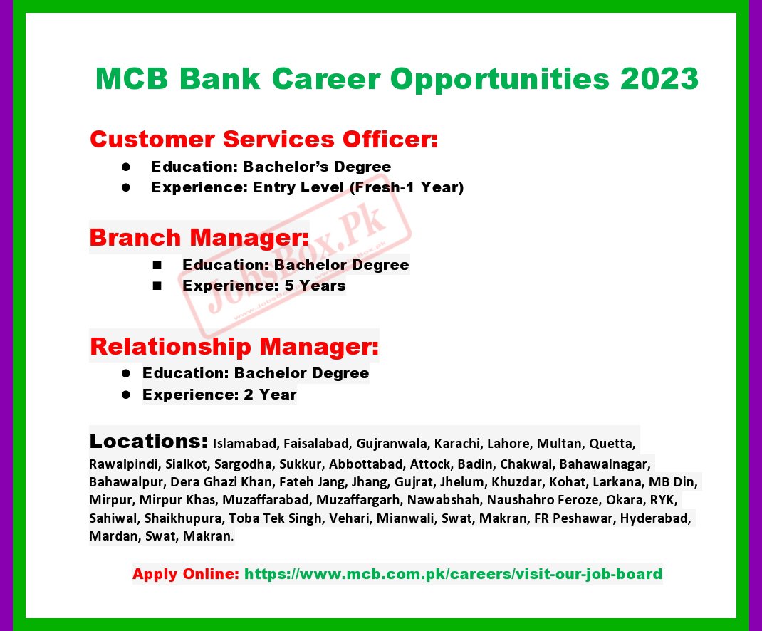 MCB Bank Jobs 2023 for male and female - Online Apply at www.mcb.com.pk