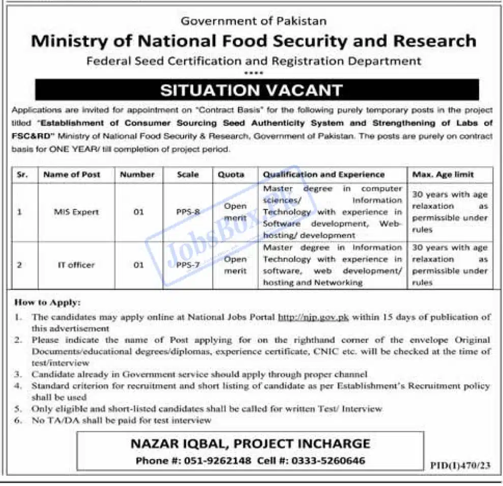 Ministry of National Food Security and Research MNFSR Jobs 2023