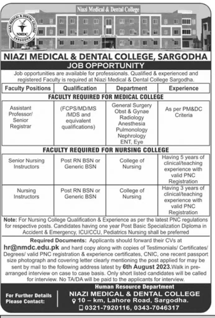 Niazi Medical and Dental College NMDC Sargodha Jobs 2023