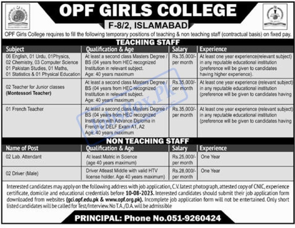 OPF Girls College Islamabad Jobs 2023