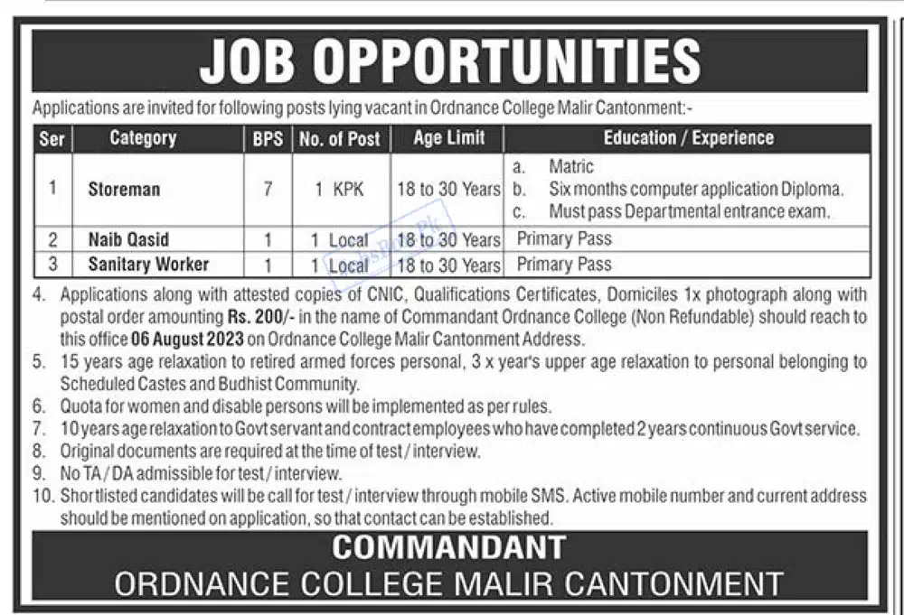 Ordnance College Malir Cantonment Karachi Jobs 2023
