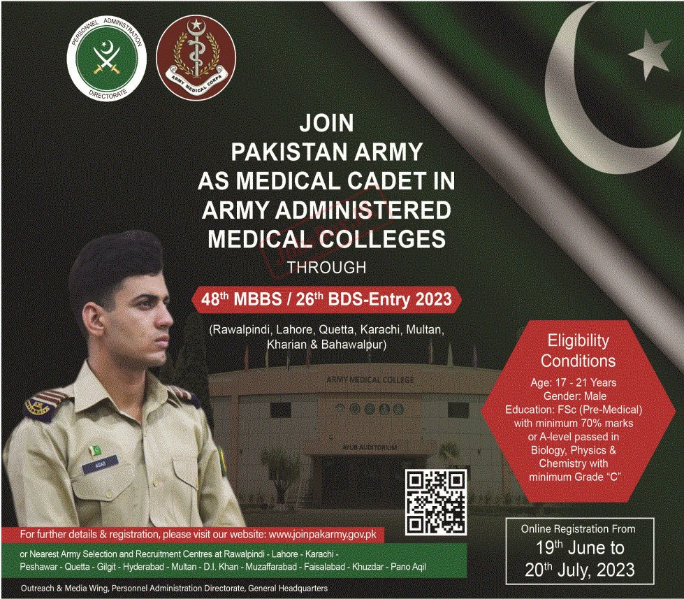 Pakistan Army as Medical Cadet Jobs 2023 – AMC Admissions 2023