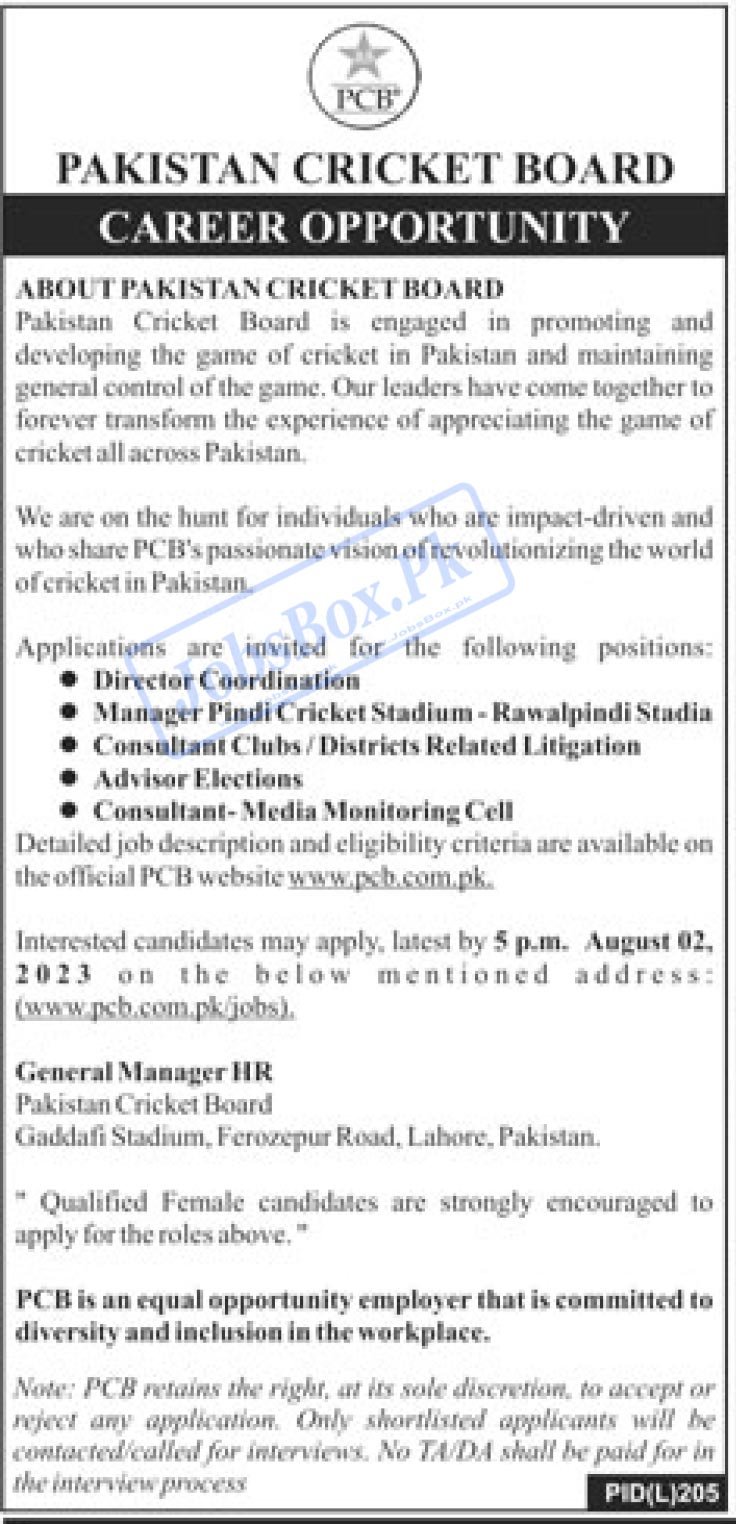 Pakistan Cricket Board PCB jobs 2023 Recruitment | www.pcb.com.pk