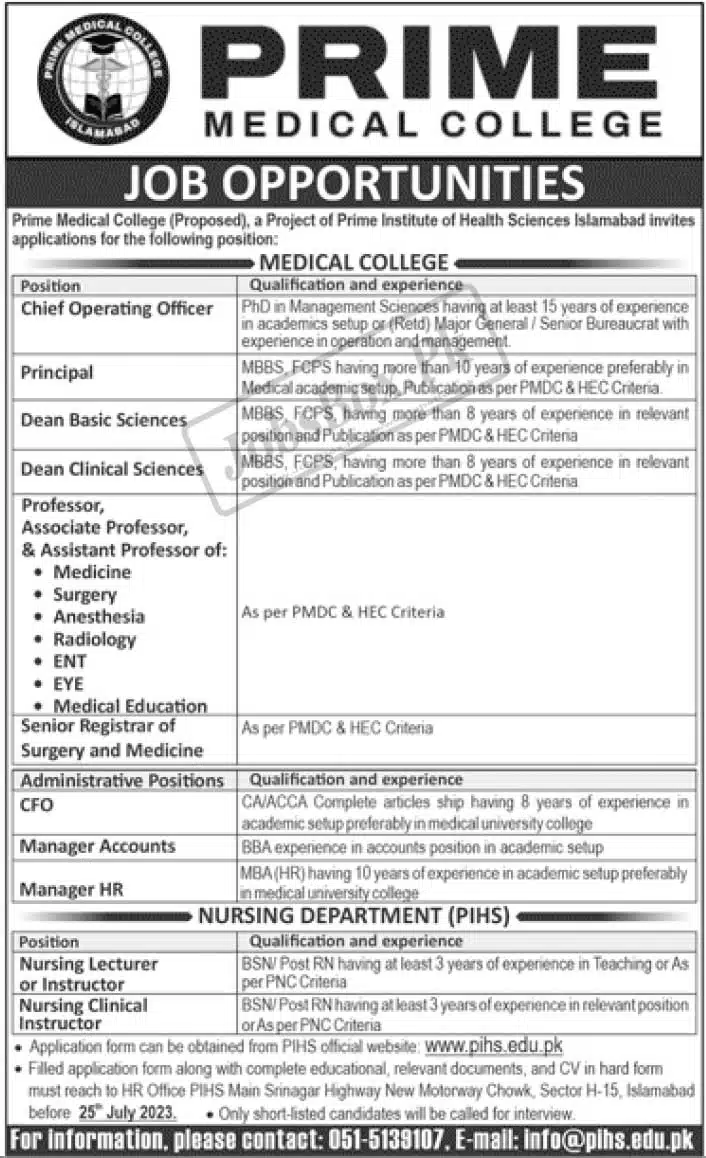 Prime Medical College Islamabad Jobs 2023 – Download Application From
