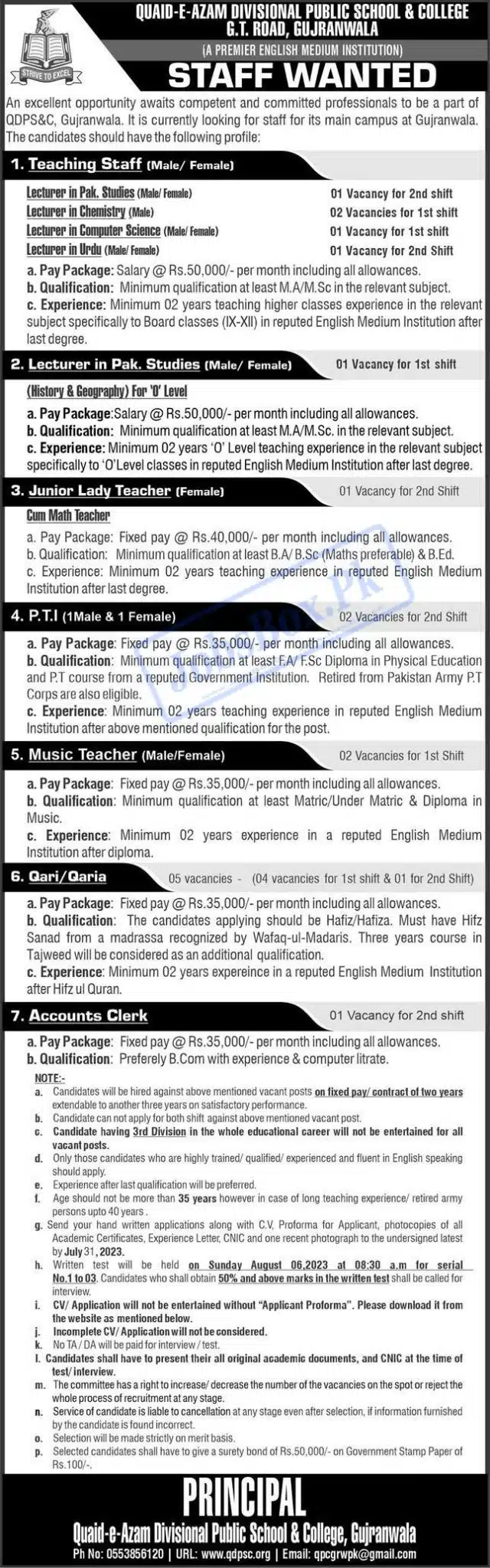 Quaid E Azam Divisional Public School and College Gujranwala Jobs