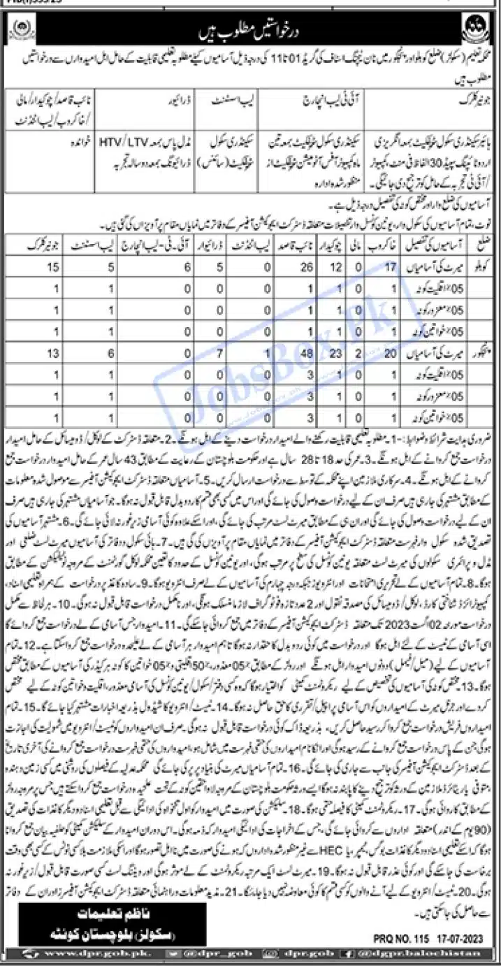 School Education Department Balochistan Jobs 2023