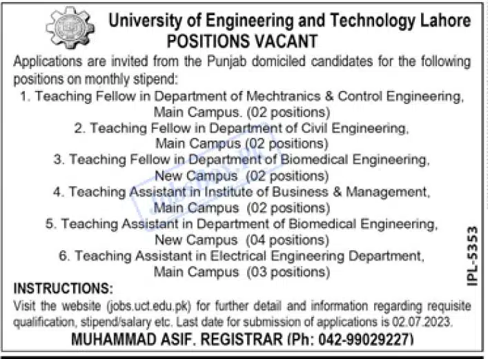 UET Lahore Jobs 2023 – Submit Online Application via www.jobs.uet.edu.pk