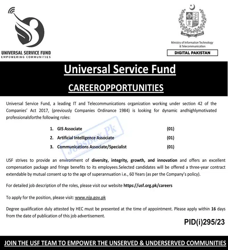 Universal Service Fund Jobs 2023 – Apply online at www.njp.gov.pk