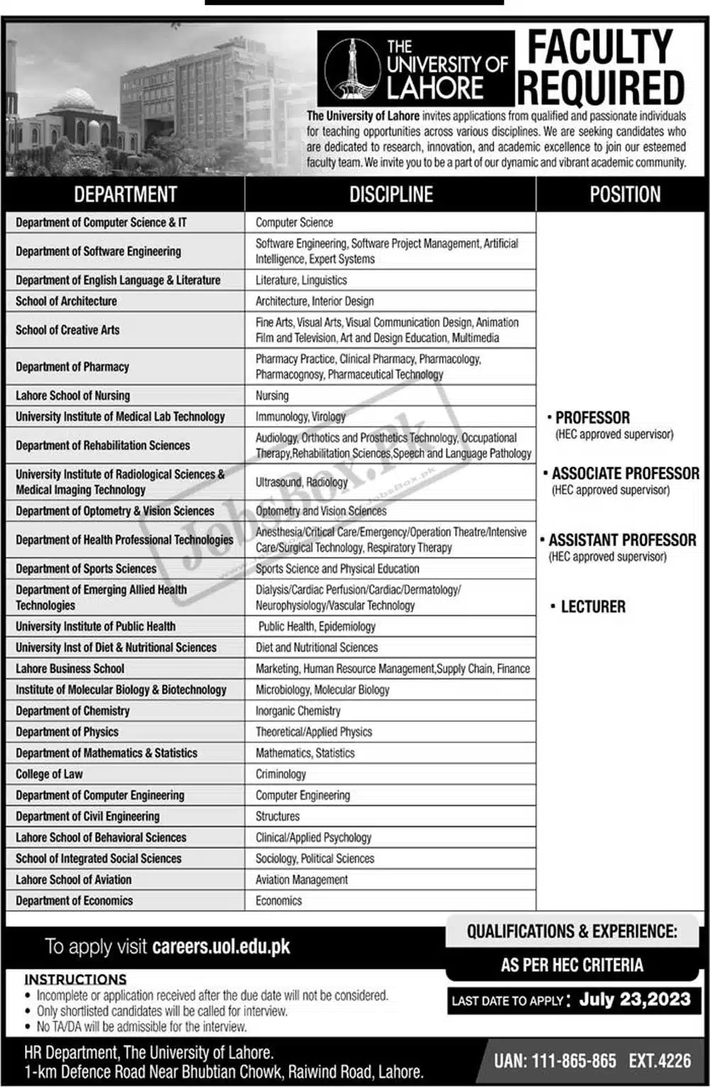 UOL Jobs 2023 – University of Lahore Jobs 2023