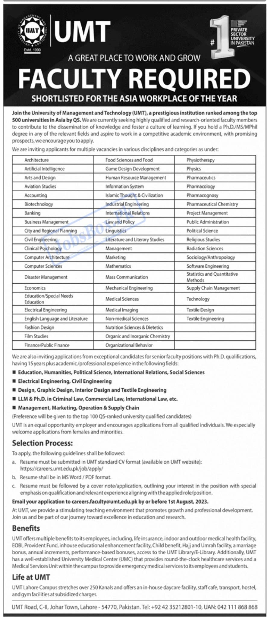 University of Management and Technology UMT Jobs 2023 | Apply Online