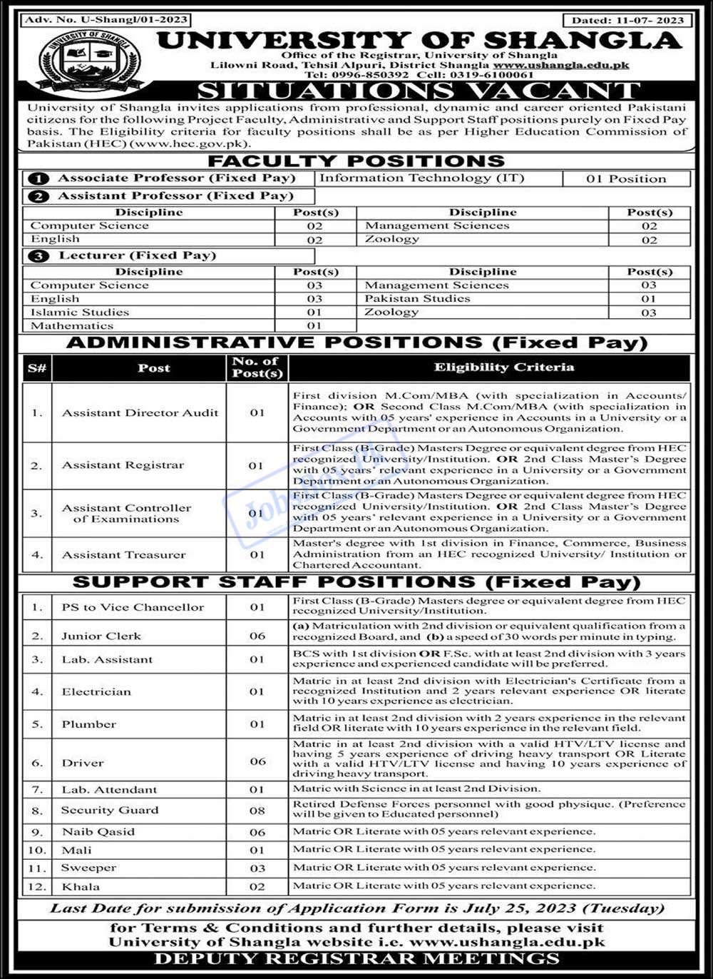 University of Shangla Jobs 2023 – www.ushangla.edu.pk