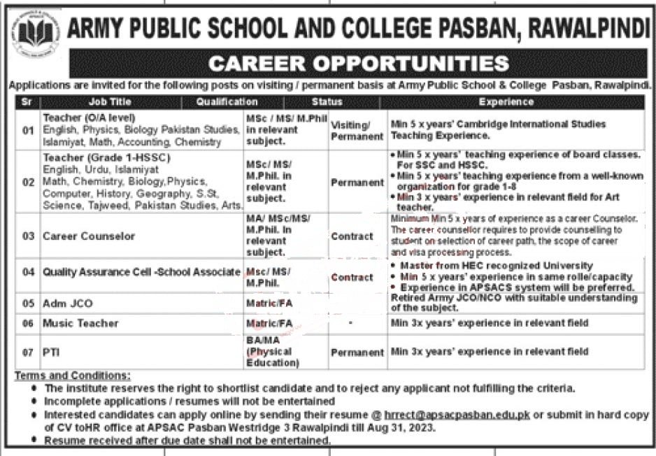 Army Public School APS Rawalpindi Jobs 2023 at Pasban Campus