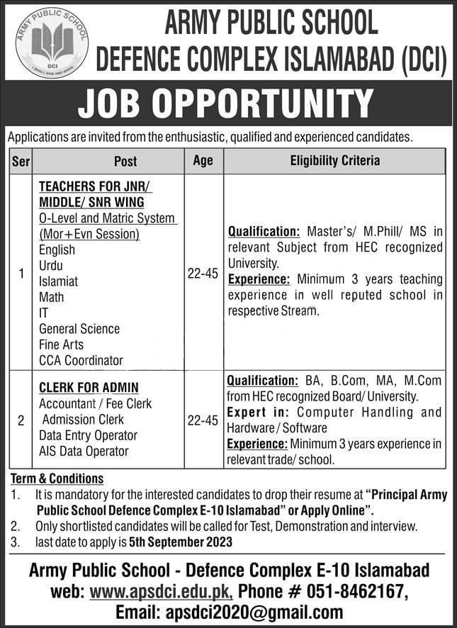 Army Public School Defence Complex Islamabad Jobs 2023